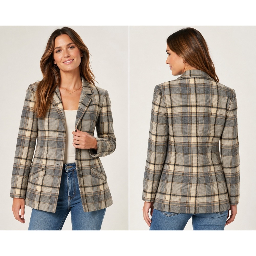 Young Pendleton Vintage Plaid Wool Blazer Grey Cream Tan Size 7-8 Made in USA